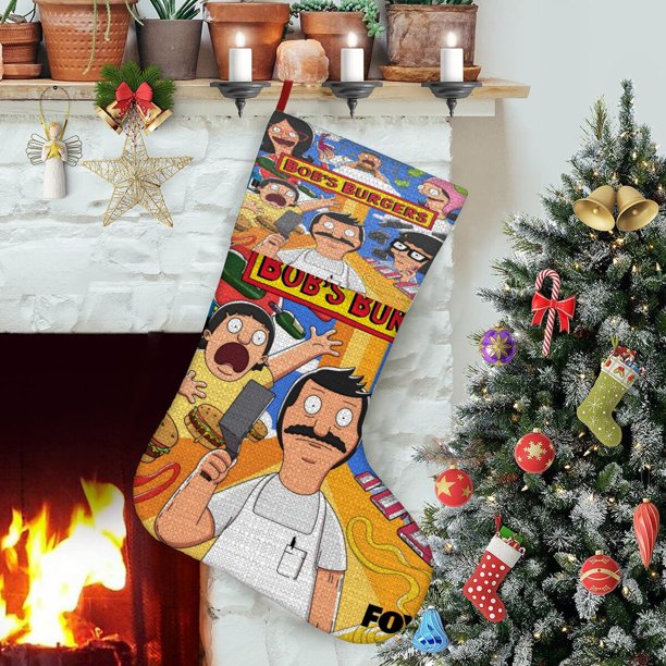 Hamburguesas de Bob Tema: Calcetines de Navidad, fino lino blanco para colgar en escaleras y chimenea, decoración navideña para el hogar, regalo de Navidad. 45cm × 32cm