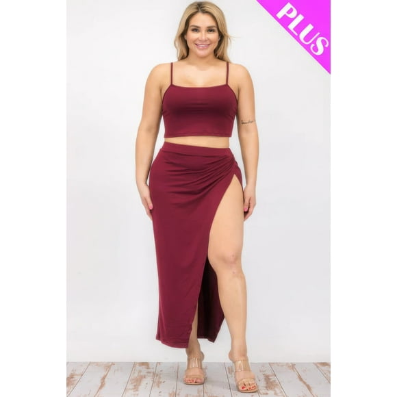 Saronite Conjunto de Dos Piezas de Top Corto y Camisola, Color Burdeos (Talla Grande para Mujer)