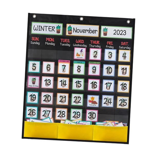 Gráfico de bolsillo de calendario negro, calendario de enseñanza, 51 cm x 60 cm, calendario de pared de educación completa mensual, gráfico organizado