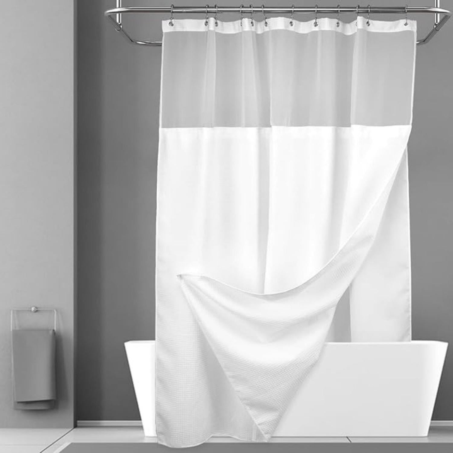 Cortina De Baño Diseño Impermeable + Forro Y 12 Ganchos Aura Zeus Blanco