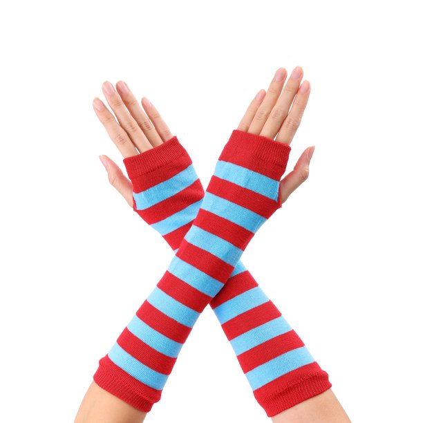 GUANTES SIN DEDOS PARA MUJER INSPIRE CHIC, CALENTADORES DE BRAZO TEJIDOS CON ESTAMPADO, LONGITUD HASTA EL CODO, AZUL ROJO