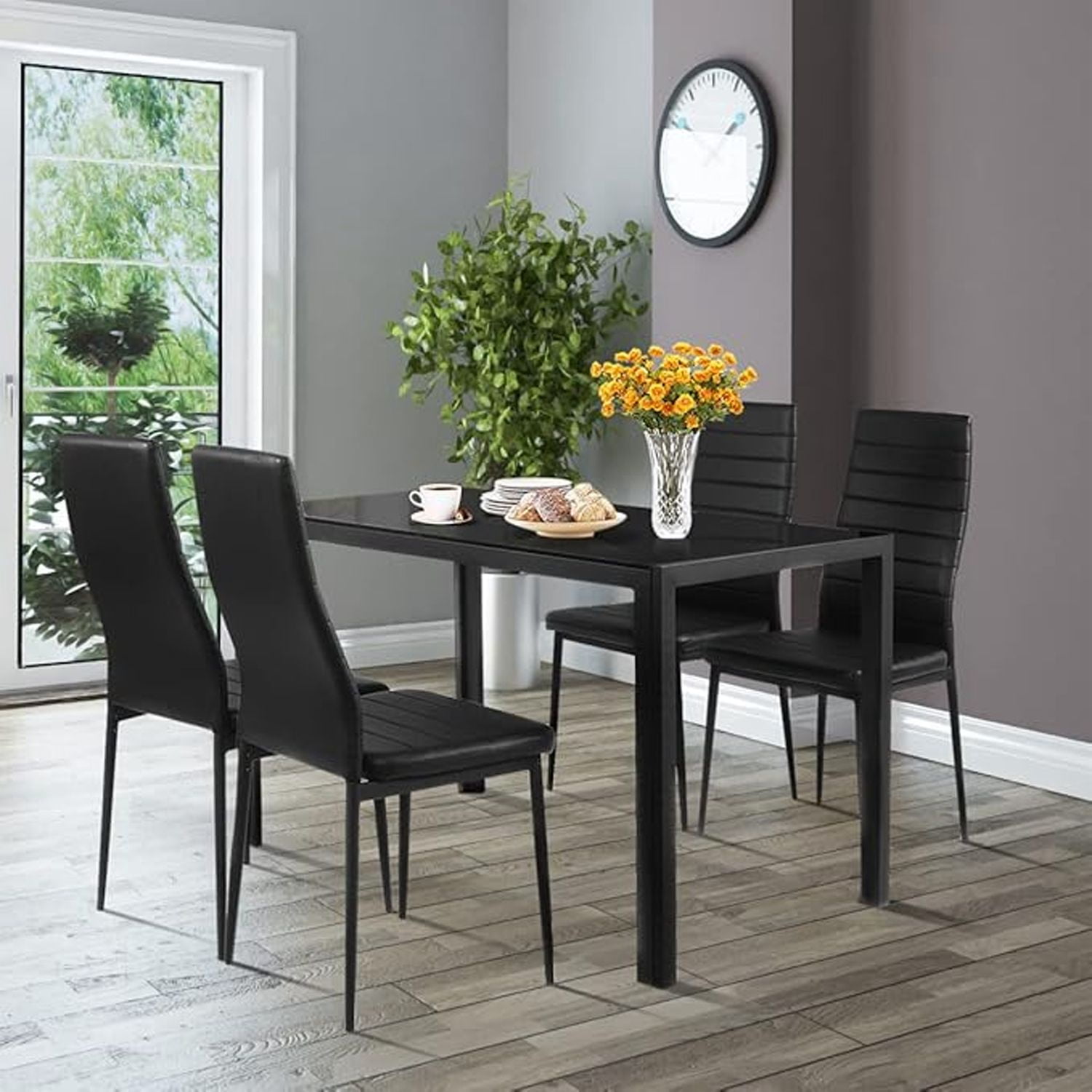 Nevi Express - Comedor Mesa Vidrio 75x80x120cm + 4 Sillas Pu Negro