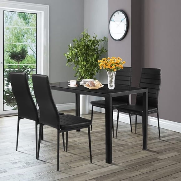 Comedor Mesa Vidrio 75x80x120cm + 4 Sillas Pu Negro