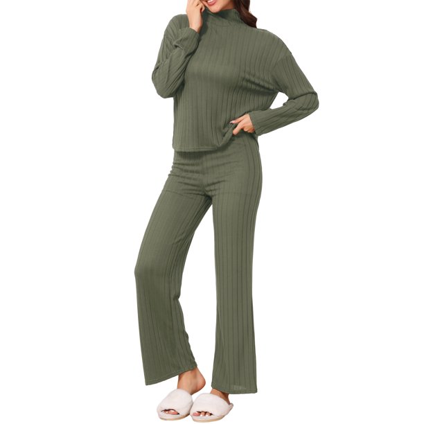 INSPIRE CHIC Conjuntos de Pijama para Mujeres de Punto Acanalado Manga Larga Cuello Alto Cómodo Suéteres Pantalones de Pierna Ancha Conjunto de Dos Piezas M Verde