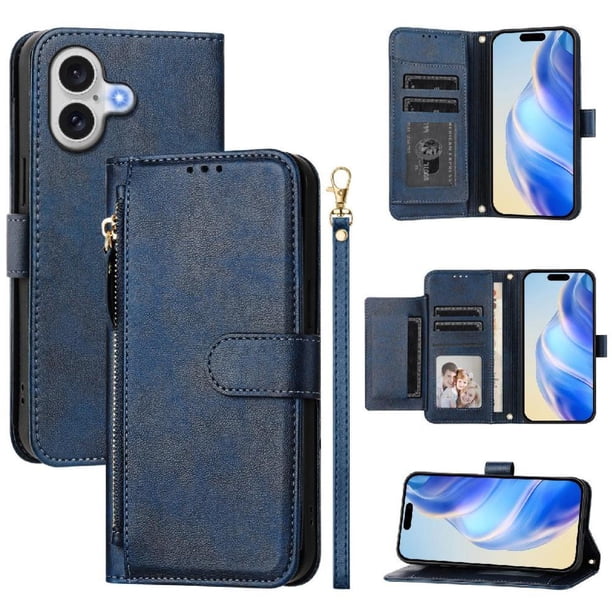 Funda Billetera Cremallera para iPhone 17 con Porta Tarjetas, Soporte y Correa Azul