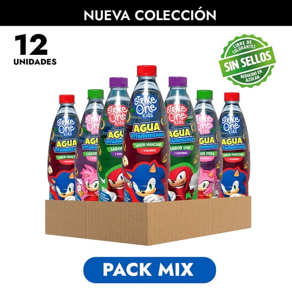 Pack Mix Sonic, Amy Rose & Knuckles - (500 ml). Agua Vitaminizada StrikeOne Kids 12 unidades.