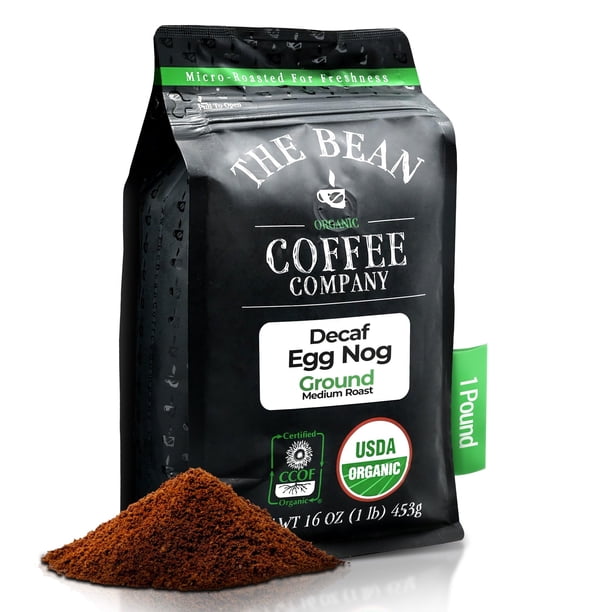 The Bean Organic Coffee Company Café molido descafeinado Egg Nog, tueste medio, bolsa de 16 onzas