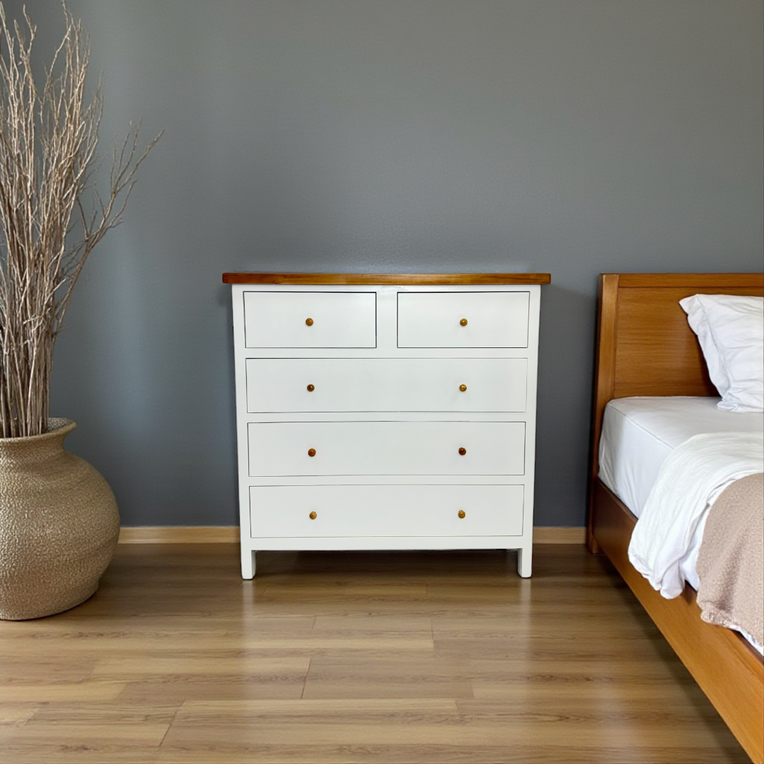 Arca Muebles - Cómoda De Madera 5 Cajones 100X40X100 Color Blanco Cubierta Café