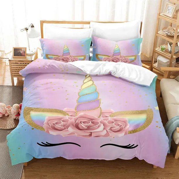 x1107 Bed SheetsMagical Unicorn Ultra Soft Girls Bedding Set Microfiber With Sparkle Stars Print Duvet Cover Pillow Case Home Textile 3-Piece Bedding Set (1 Duvet Cover + 2 Pillow Shams) nj1107