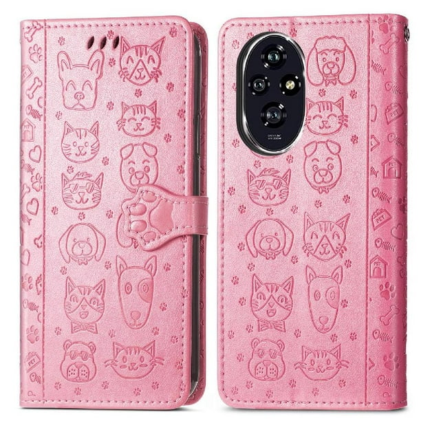 Funda Cartera FOXDOCK para Honor 200 , Flip PU con Relieve de Gatos y Perros, Tarjetero y Soporte