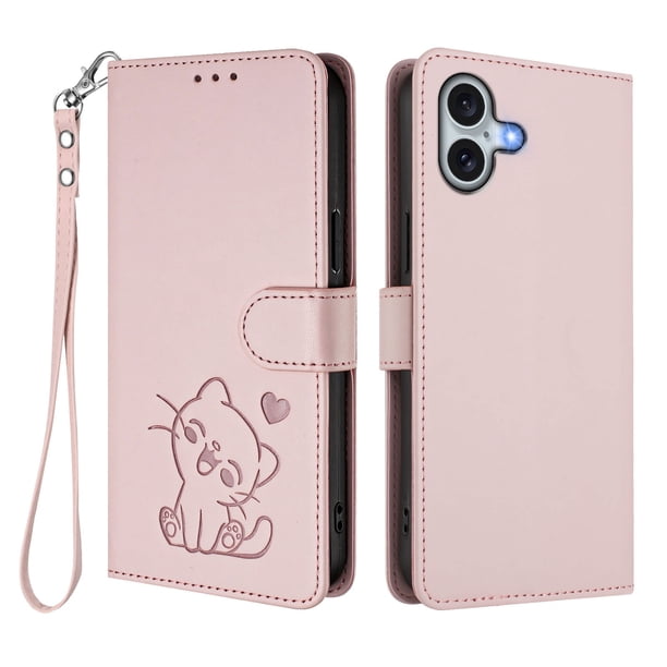 Funda Billetera con Relieve de Gato para iPhone 16 Plus, Rosa