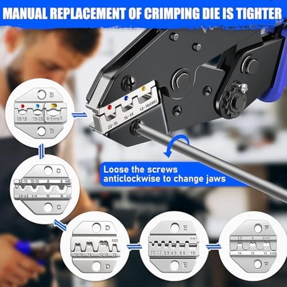 Pinza Crimpadora Vesmikit 6 Piezas AWG 22-10 Matrices Intercambiables