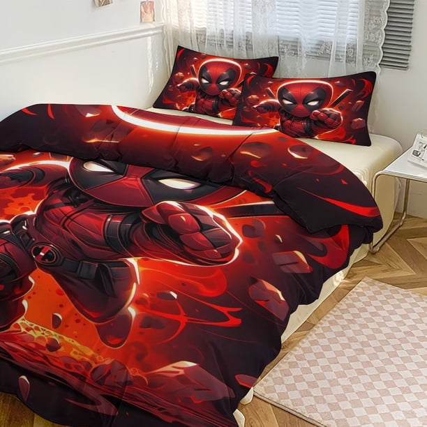 Avengers Deadpool Boys Comforter Set Twin Size,Bedding Set Kids Young Man Video Down Comforter for Teen Child Room Decor Black Red Classic Retro Gaming Quilted Duvet Set with Pillowcase Bed Sheets