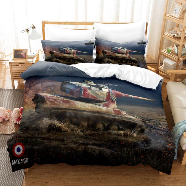 x601 Bed SheetsTank Duvet Cover Set Size War Theme Bedding Set Dirt Bike Quilt Cover For Kid Boys Men Comfortable Microfiber Quilt Cover 3-Piece Bedding Set (1 Duvet Cover + 2 Pillow Shams) nj601