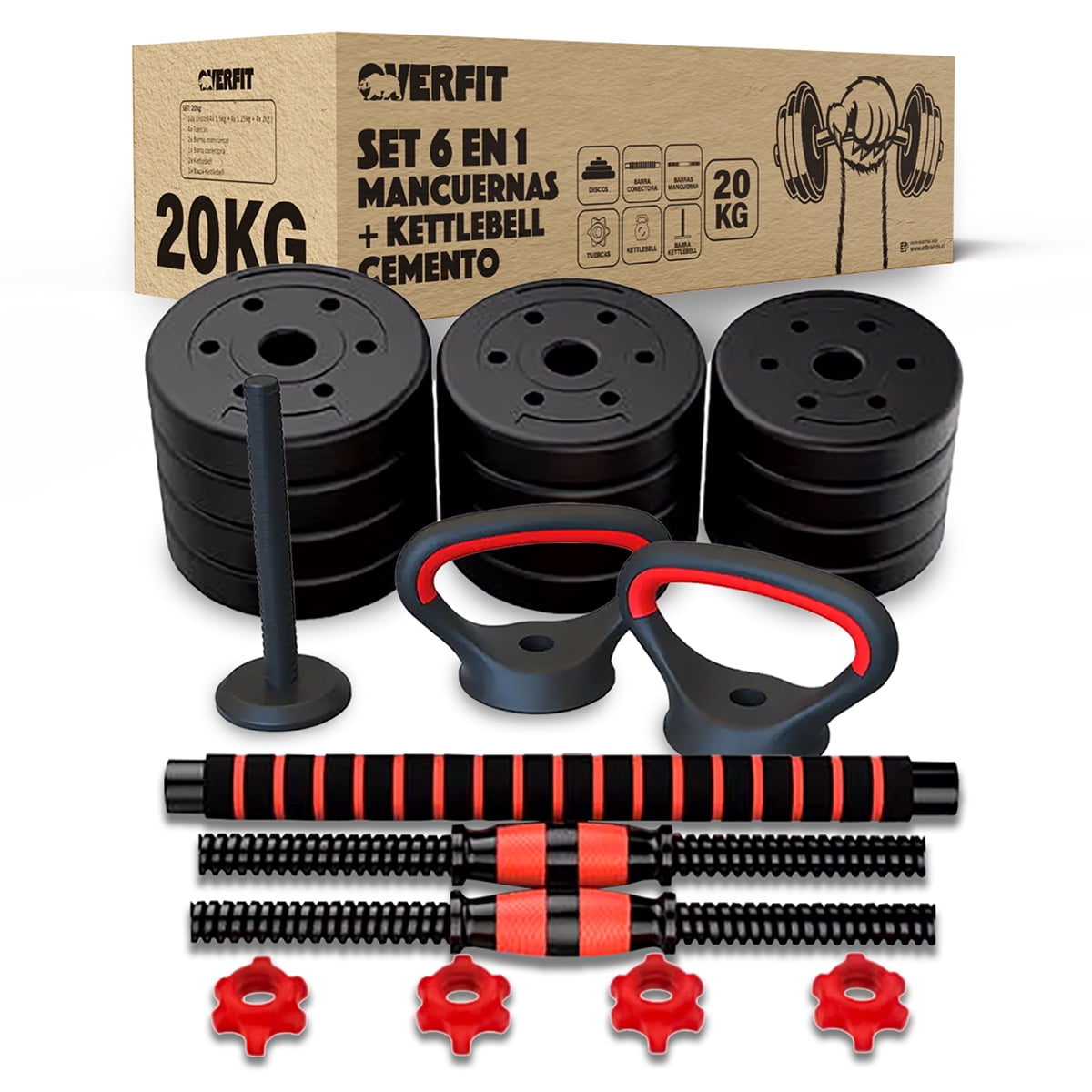 Set Mancuernas + Barra + Kettlebell Unibles Overfit 20kg