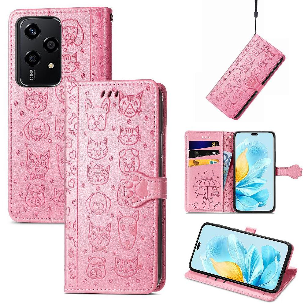 Funda Cartera Foxdock Para Honor 200 Lite , Flip Pu Con Relieve De Gatos Y Perros, Tarjetero Y Soporte