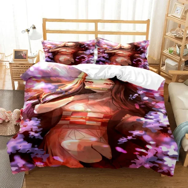 v1940 Bed Sheets Hot Anime Demon Slayer Bedding Set Japanese Cartoon Bed Linen x Teens Girls Twin Single Queen King Full Duvet Cover Sets 3-Piece Bedding Set (1 Duvet Cover + 2 Pillow Shams) Bed Sheet