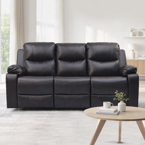 Sofá Reclinable 3 Cuerpos (3C) con Consola Central y Posavasos Ecocuero Café. Tabuk