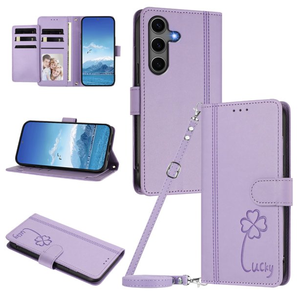 Funda Cartera Trébol para Samsung Galaxy S24 Plus con Ranuras Tarjetas y Carga Inalámbrica Morado claro