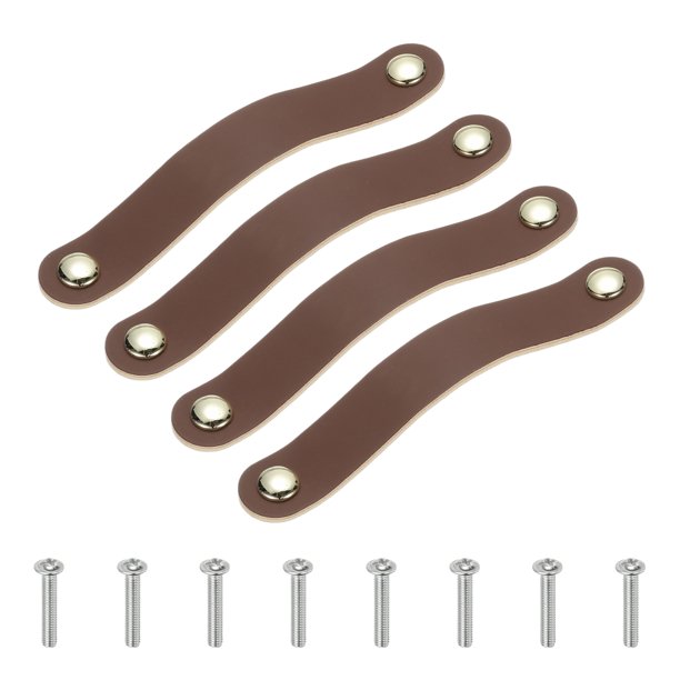 Tiradores de cuero para cajones Uxcell, manija de cuero de doble orificio para gabinete, pomos de tocador con tornillo para baño Marrón-Dorado 167 x 142 mm