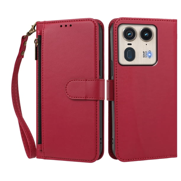 Funda Tipo Billetera para Motorola Moto Edge 50 Ultra 5G con Soporte y Bolsillo con Cierre Rojo