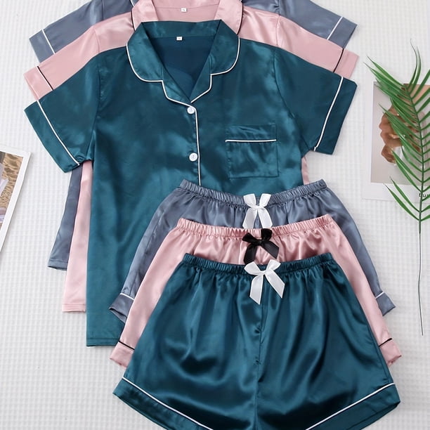 3 Sets Satin Pajama Set, Short Sleeve Lapel Top & Bow Shorts, Women's Sleepwear & Loungewear