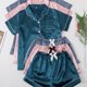 thumbnail image 1 of 3 Sets Satin Pajama Set, Short Sleeve Lapel Top & Bow Shorts, Women's Sleepwear & Loungewear, 1 of 3