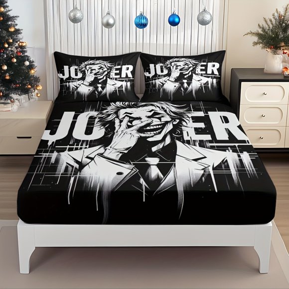 Bedding Black And White Clown Character Portrait: Gotham Dark Knight'S Villain Character Charm Display Pattern Mattress Protector Elastic Design Bed Sheet Perfe
