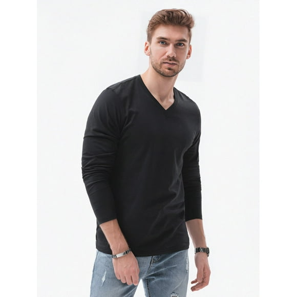 Polera Hombre Manga Larga Cuello V NEGRO Talla S