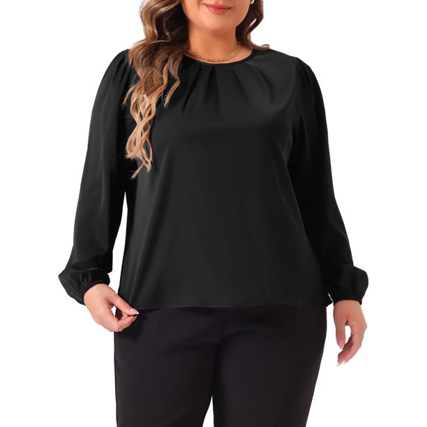 Agnes Orinda Ropa de Halloween de Talla Grande para Mujeres Blusas de Manga Larga con Cuello Redondo y Pliegues para Oficina 3X Negro