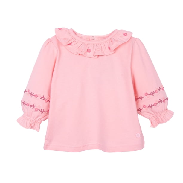 Polera Bebé Niña Manga Larga Cuello con Vuelo Bordado Rosado