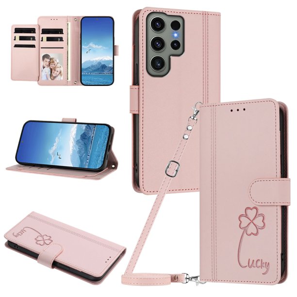 Funda Cartera Trébol para Samsung Galaxy S23 Ultra con Ranuras Tarjetas y Carga Inalámbrica Rosa