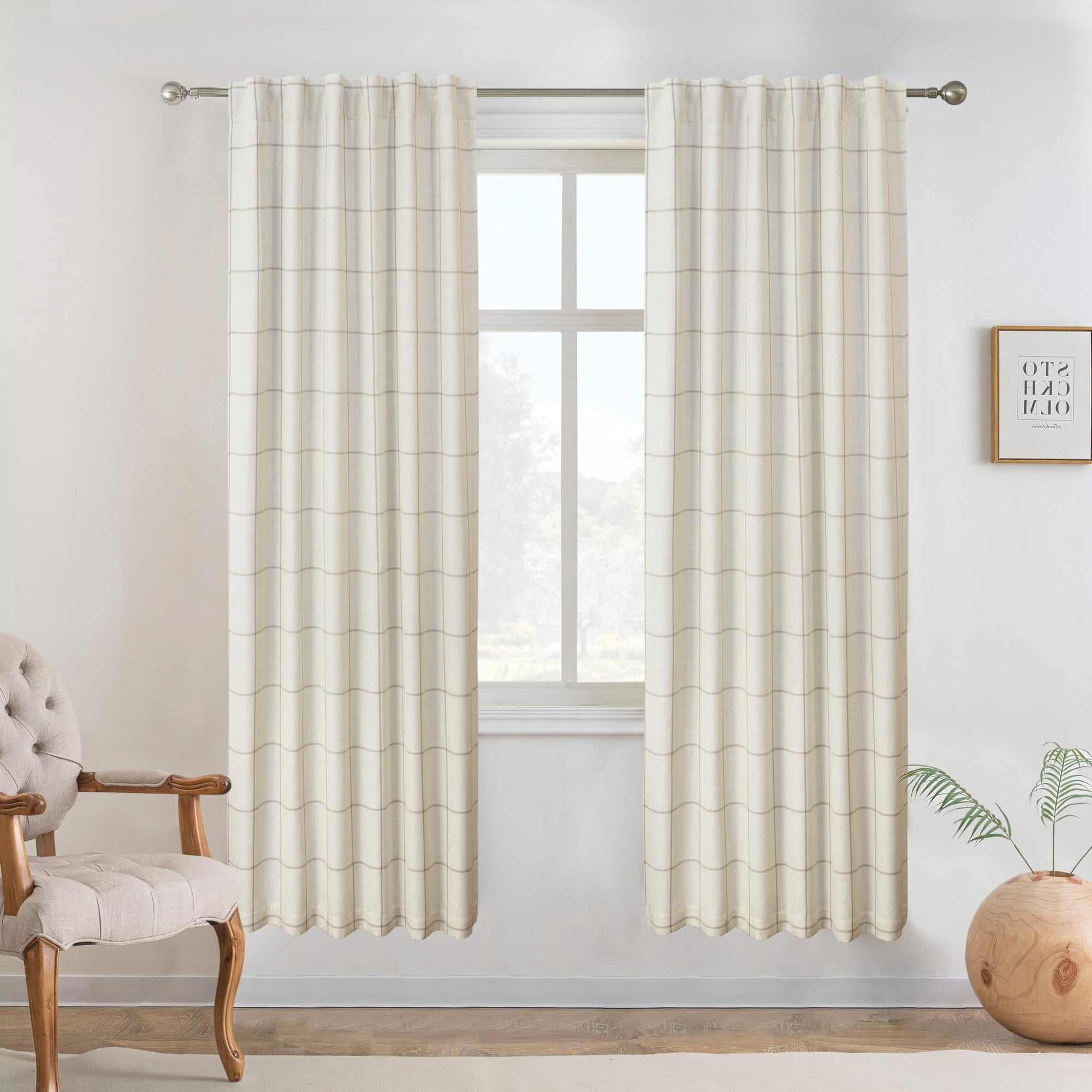 Cortinas Driftaway 100% Opacas Para Ventanas, De Lino A Cuadros, Color Topo