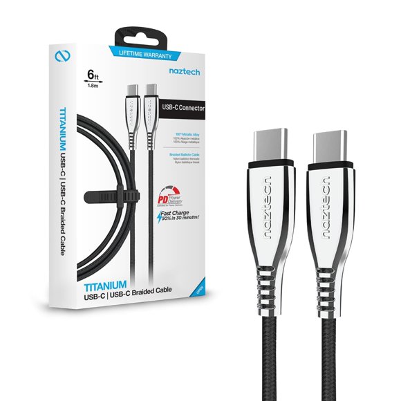 Cable de carga Naztech Titanium USB-C a USB-C de 1,8 m, negro