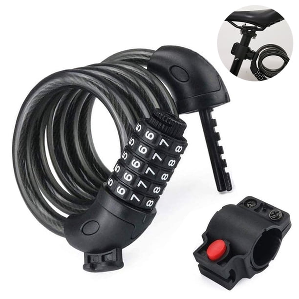Candados para bicicletas con cable en espiral, seguro, reiniciable, con combinación y soporte de montaje