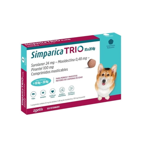 Zoetis - Simparica Trio Antiparasitario Interno Y Externo 10 A 20 Kg 3 Comp