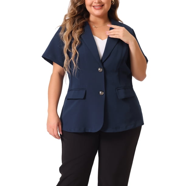 Agnes Orinda Blazers de Mujer Tallas Grandes Casual de Manga Corta con Solapa Muesca Chaqueta de Traje para el Trabajo 2X Azul Marino