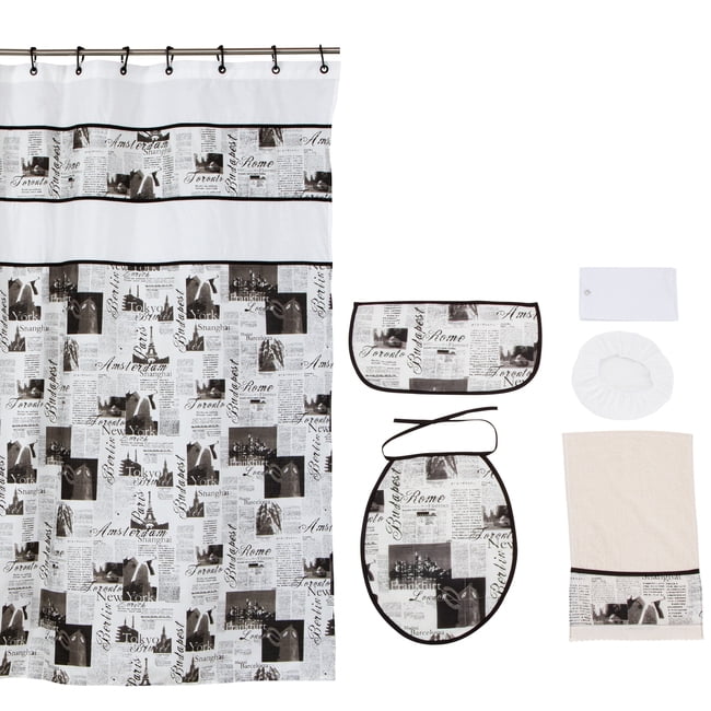 Gentile - Cortina Y Set De Baño 7 Piezas 180 X 180 Cms Diario Crudo