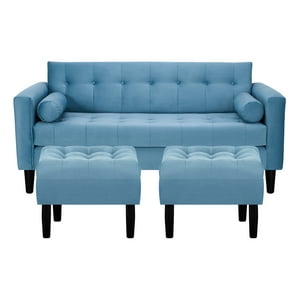 Bodevir - Sofa Retro 3C + 2 Pouf Felpa 00 Azul Petroleo