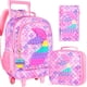 thumbnail image 1 of 3PCS Rolling Backpack for Boys, Kids Roller Wheels Bookbag, Wheeled School Bag with Lunch Bag - Mermaid Pink, 1 of 3