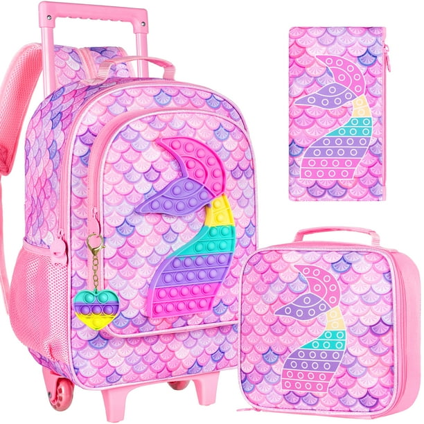 3PCS Rolling Backpack for Boys, Kids Roller Wheels Bookbag, Wheeled School Bag with Lunch Bag - Mermaid Pink