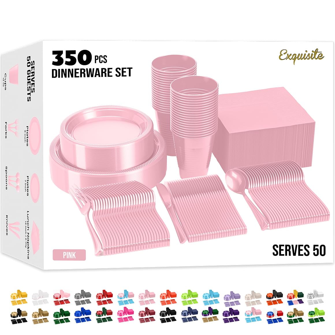 Juego De Vajilla Desechable Exquisite, 350 Piezas, Rosa, Para Fiestas