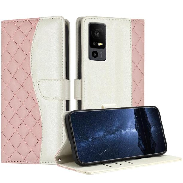 Funda Tipo Cartera Acolchada para TCL 40R con Bloqueo RFID Ranuras y Correa Rosa