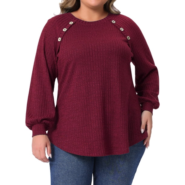Agnes Orinda Blusas de Talla Grande para Mujeres de Halloween, Cuello Redondo de Punto Acanalado, Manga Larga, Túnica Casual con Decoración de Botones 2X Burdeos