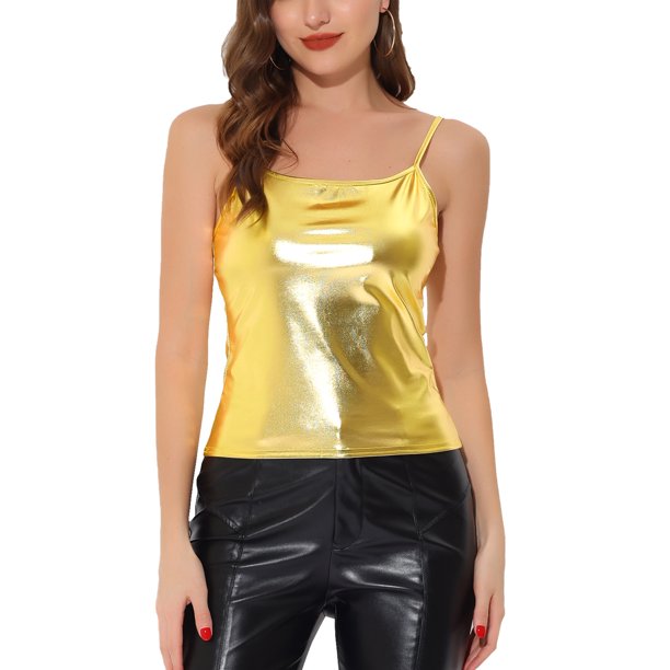 INSPIRE CHIC Top de Cami Metálico Ajustado Sin Mangas Holográfico Brillante de Fiesta de Navidad para Mujer L Oro