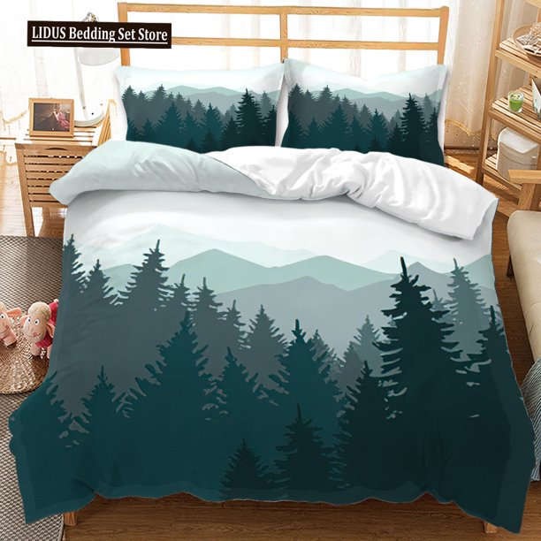 v1226 Bed Sheets Mountain Forest Duvet Cover Set Snow Mountain Winter Theme King Queen Size Comforter Cover For Kid Teen Polyester Bedding Set 3-Piece Bedding Set (1 Duvet Cover + 2 Pillow Shams) Bed