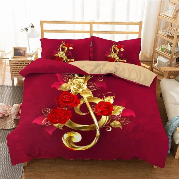 Music Note Bedding Set Duvet Cover Pillowcases Home Textile Adults Kids Red Rose Golden Music Note Bed Linen
