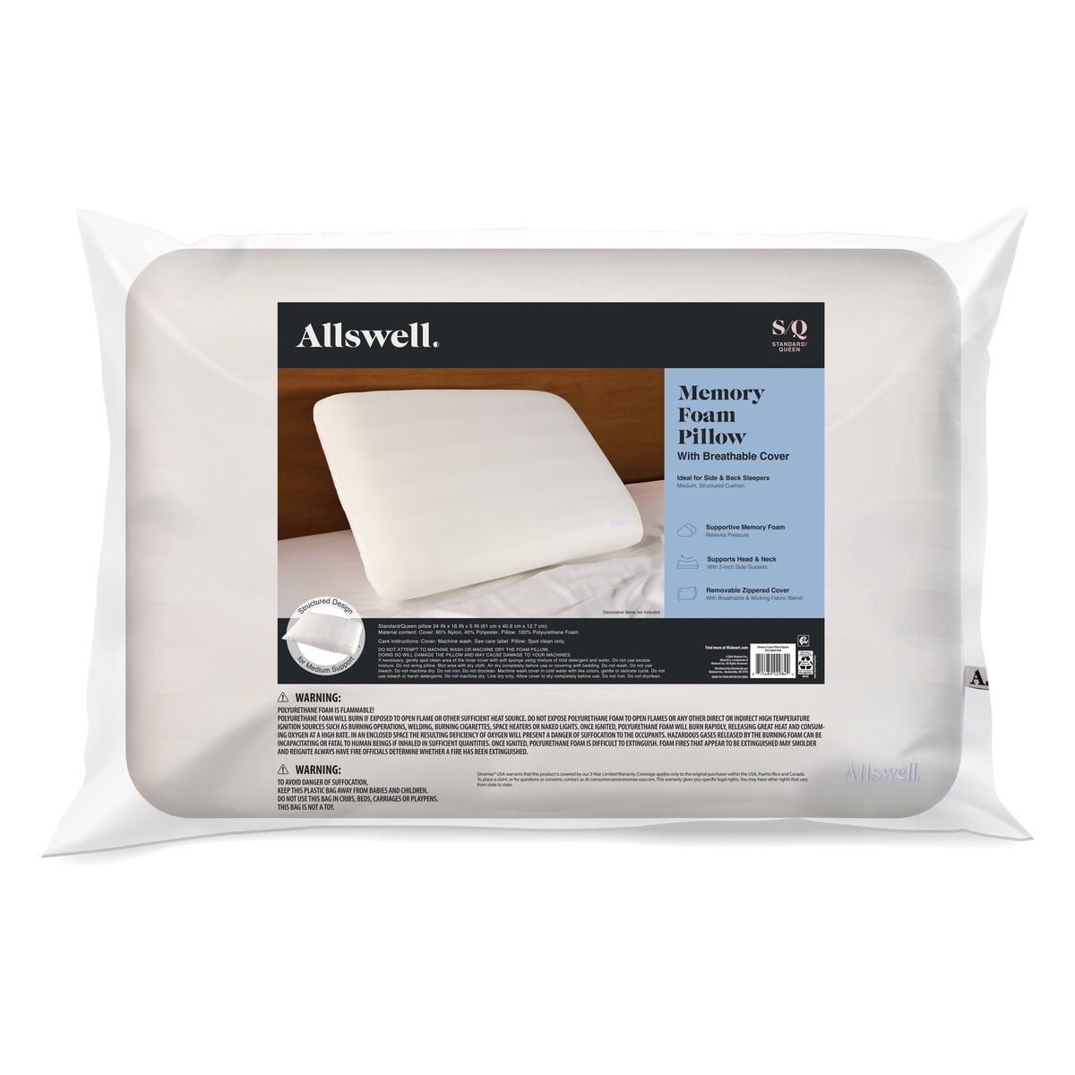 Almohada Memory Foam Allswell Standardqueen Funda Removible