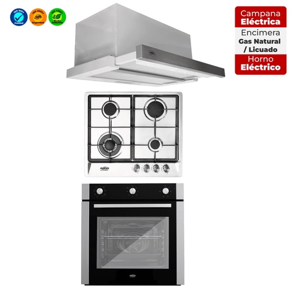 Kit Horno 60 litros con spiedo + Encimera a gas 4 quemadores + Campana retráctil 60 cm gris
