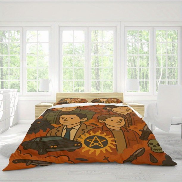 3pcs Winchester Brothers Supernatural Adventure Series Poster Printed Bedding Set Duvet Cover + 2 Pillowcases